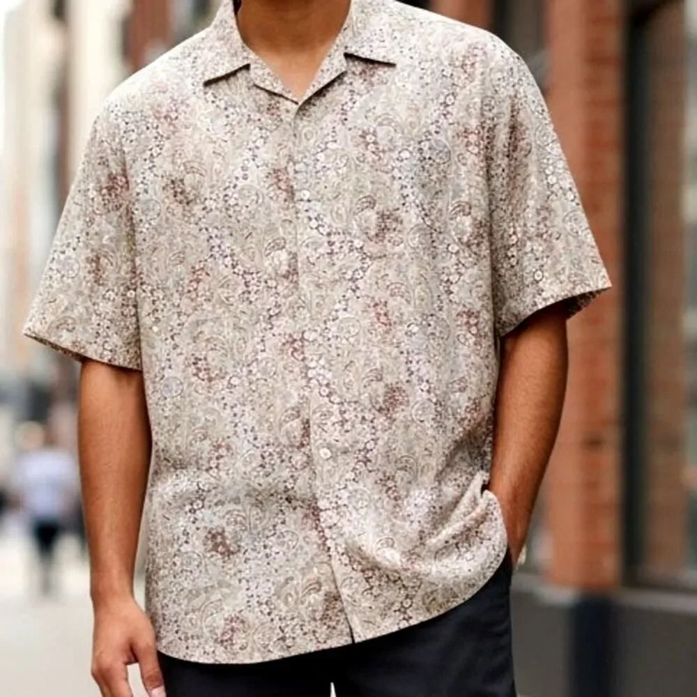 ALFANI Men's Brown & Pink Short Sleeve Button Down Casual Shirt - Size: XL